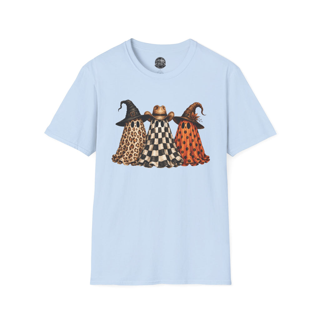 Halloween Ghost Trio T-Shirt — Leopard, Checker & Pumpkin Hat Design