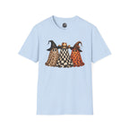 Halloween Ghost Trio T-Shirt — Leopard, Checker & Pumpkin Hat Design