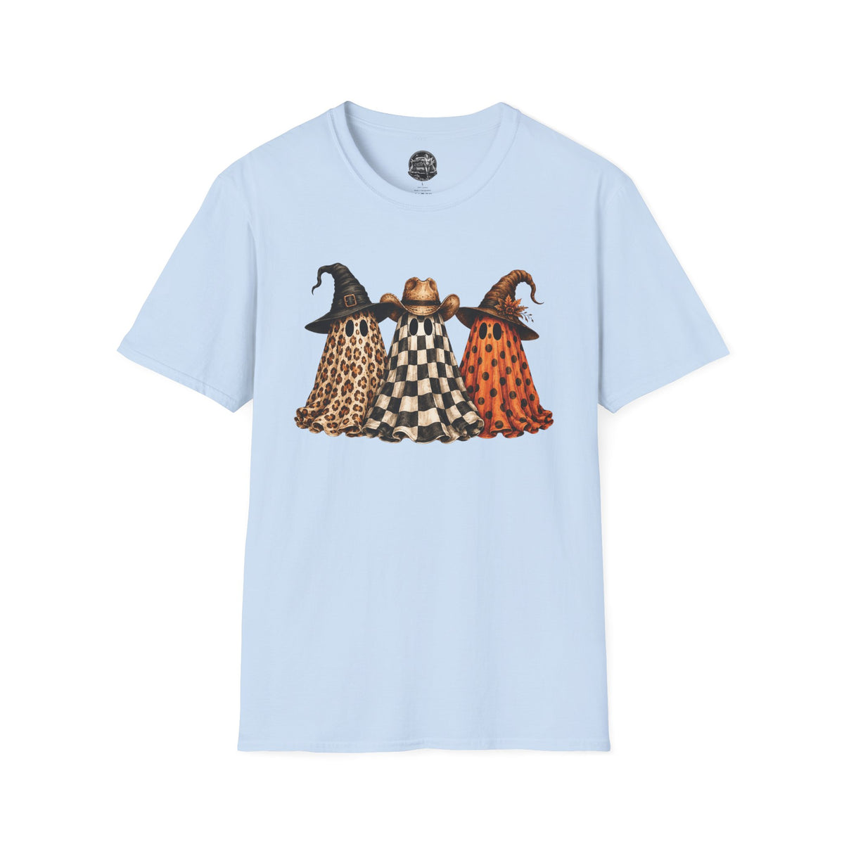 Halloween Ghost Trio T-Shirt — Leopard, Checker & Pumpkin Hat Design