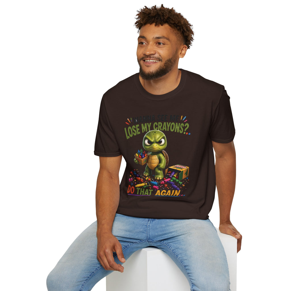 Funny Angry Turtle T-Shirt — “Wanna See Me Lose My Crayons? Do That Again…” — Teacher & Art Lover Tee