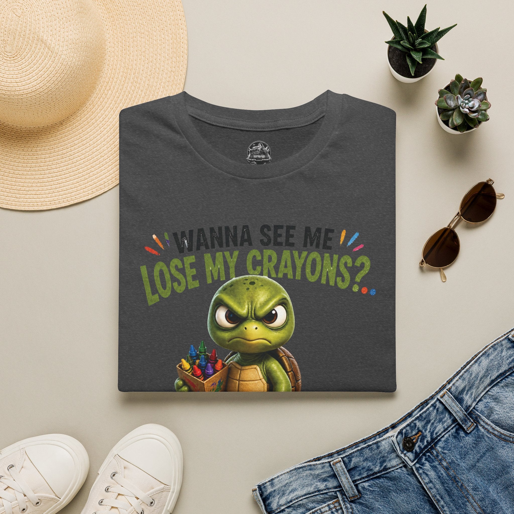 Funny Angry Turtle T-Shirt — “Wanna See Me Lose My Crayons? Do That Again…” — Teacher & Art Lover Tee