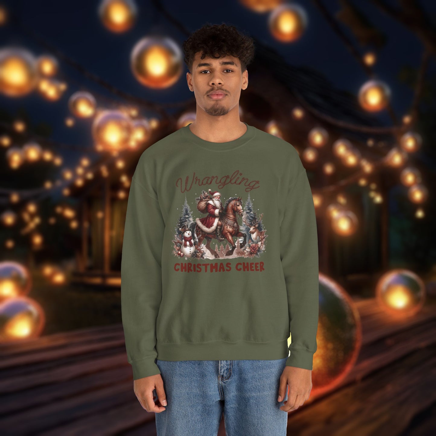 Christmas Western Sweatshirt with Santa on Horse and Snowman