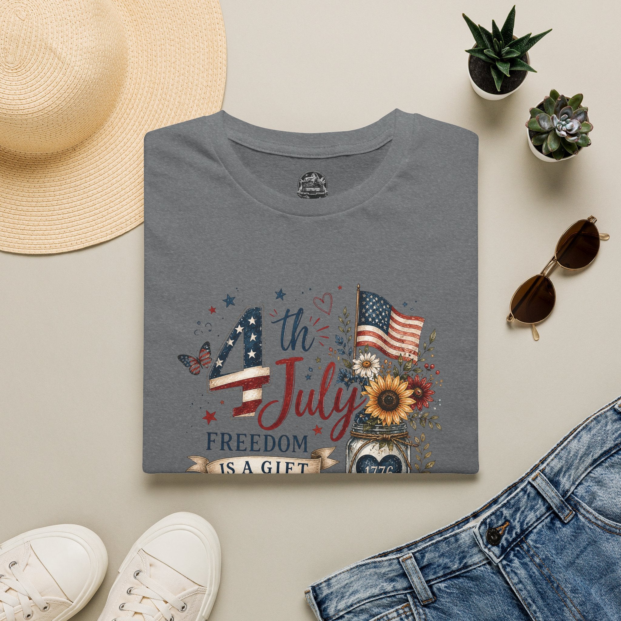 4th of July T-Shirt — "Freedom Is A Gift" Patriotic American Flag & Sunflower Tee