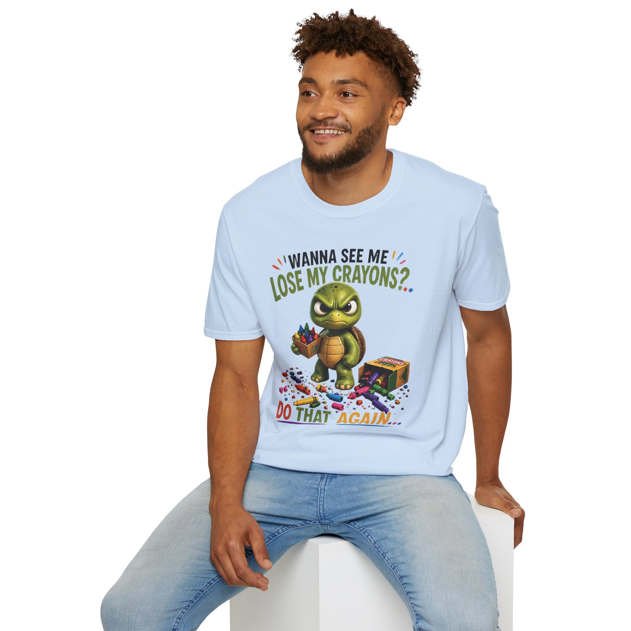 Funny Angry Turtle T-Shirt — “Wanna See Me Lose My Crayons? Do That Again…” — Teacher & Art Lover Tee