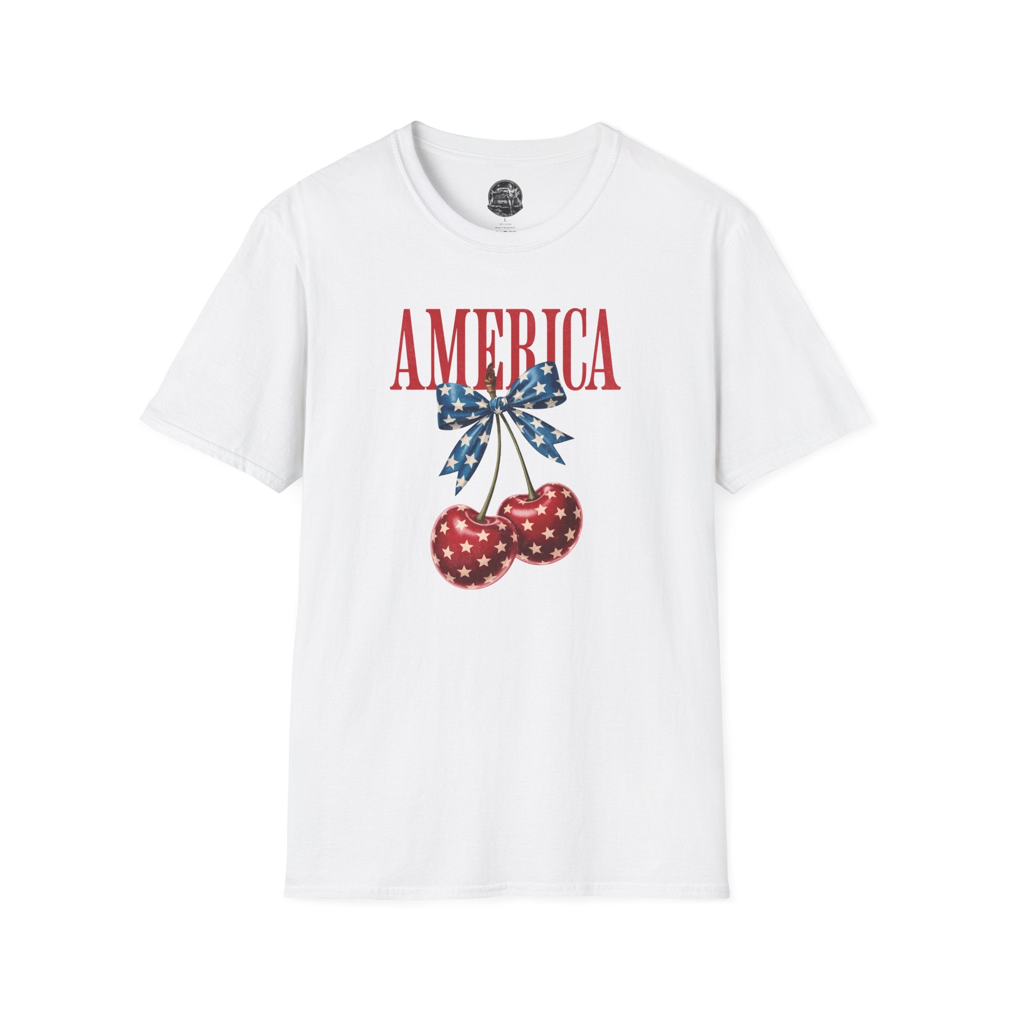 Patriotic Cherry T-Shirt — Glossy Stars & Vintage “AMERICA” Design