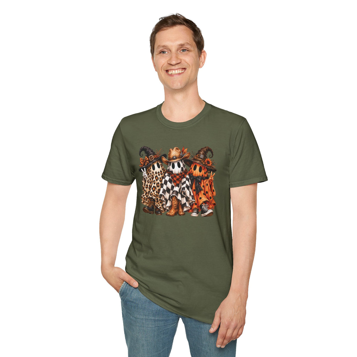Halloween Pumpkin Crew T-Shirt — Leopard & Buffalo Plaid Spooky Friends