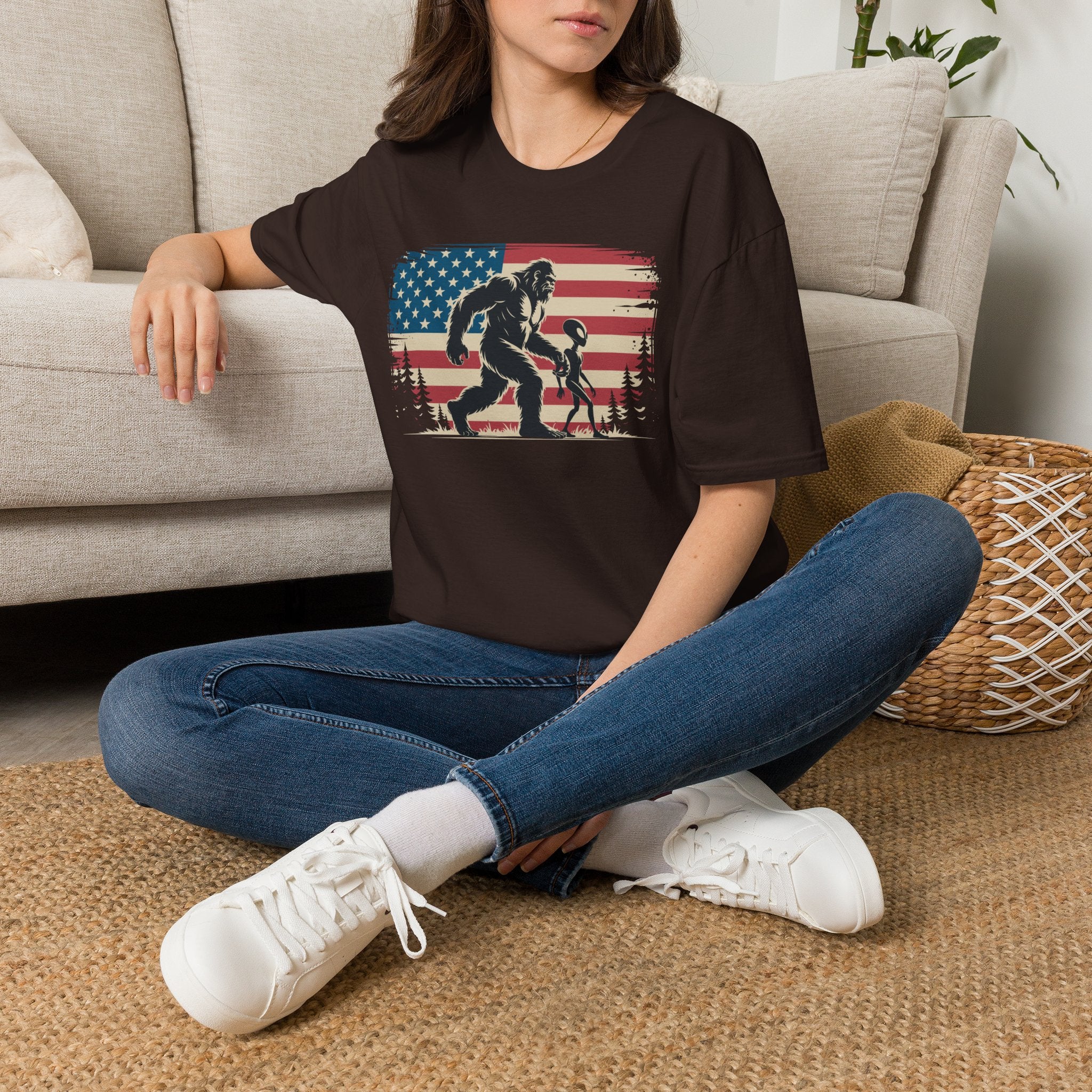 Bigfoot & Alien Patriotic T-Shirt — Distressed Flag Cryptid Design