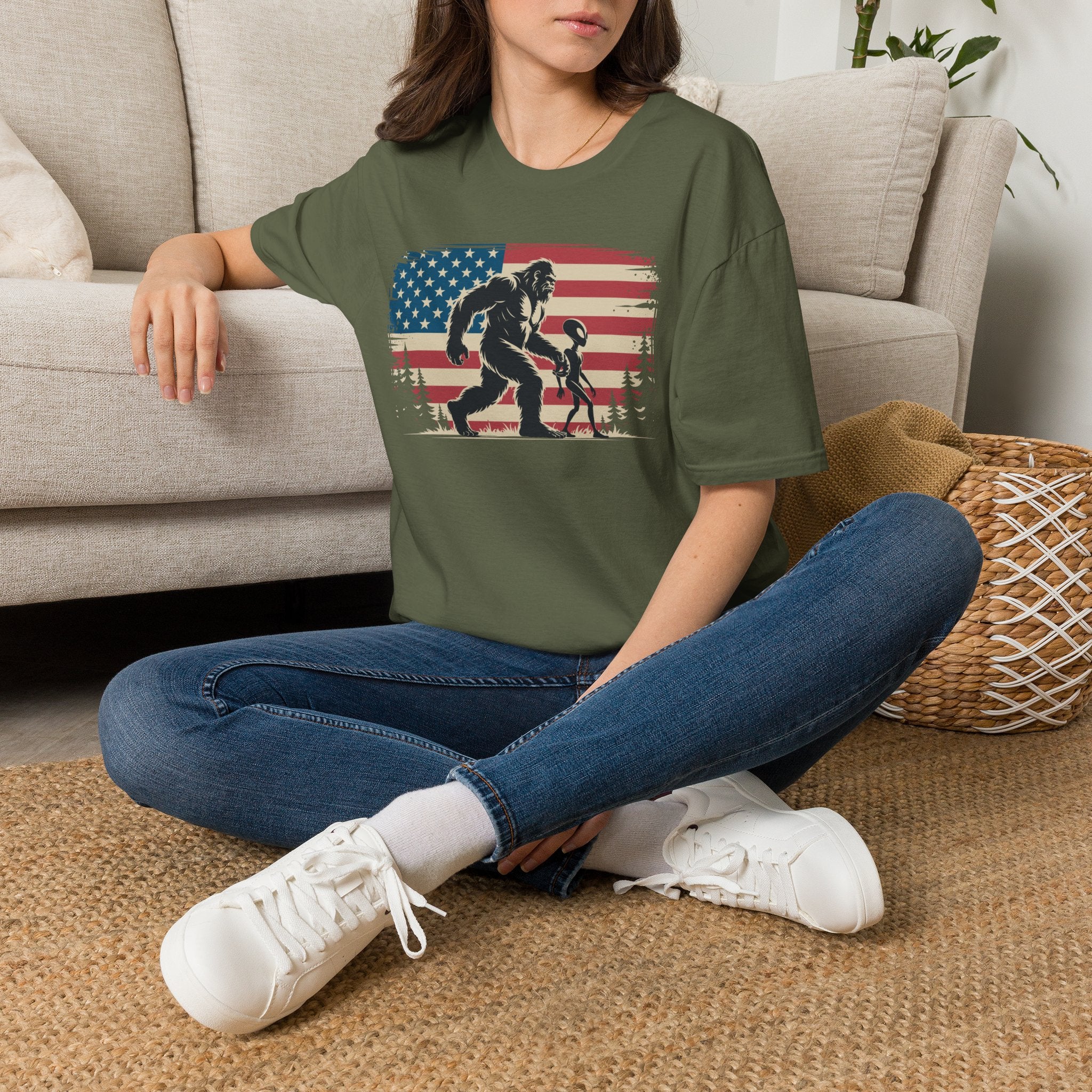 Bigfoot & Alien Patriotic T-Shirt — Distressed Flag Cryptid Design