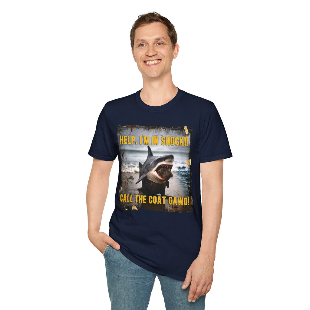 Shark Graphic T-Shirt — "Help, I'm in Shock!" Funny Beachwear