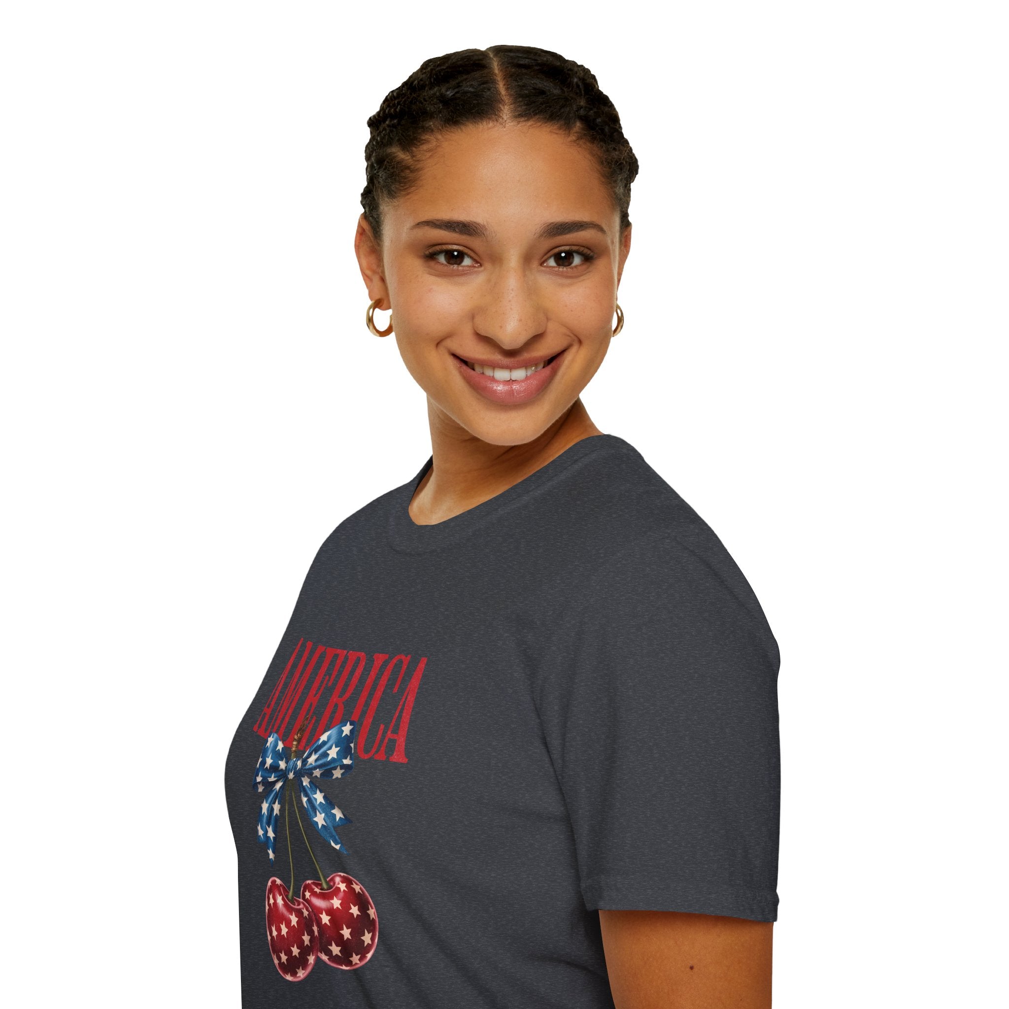 America Cherry Graphic T‑Shirt — Patriotic Stars & Stripes Bow Tee