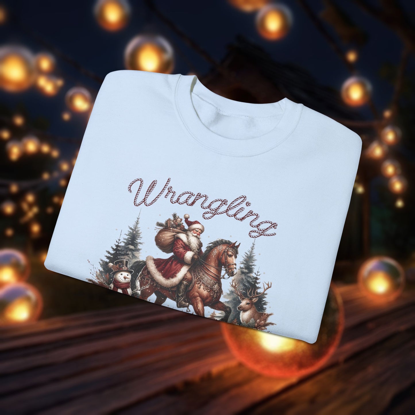 Christmas Western Sweatshirt with Santa on Horse and Snowman