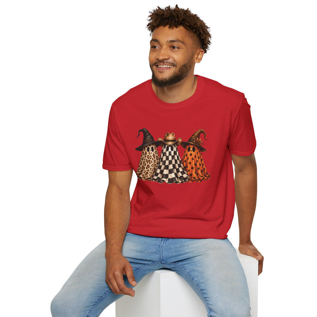Halloween Ghost Trio T-Shirt — Leopard, Checker & Pumpkin Hat Design