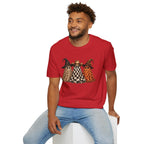 Halloween Ghost Trio T-Shirt — Leopard, Checker & Pumpkin Hat Design