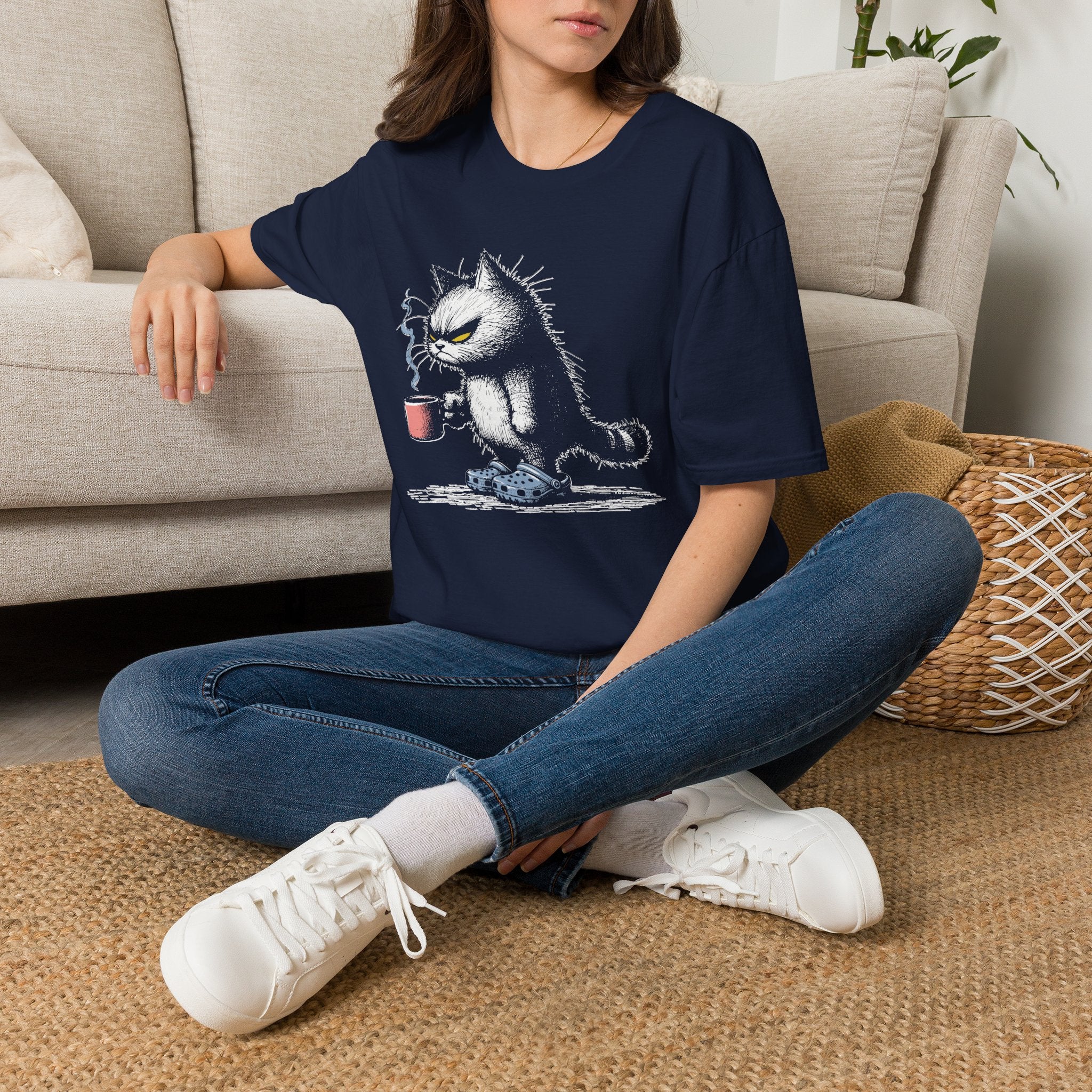 Grumpy Cat with Coffee T-Shirt — Moody Morning Cat Graphic Tee