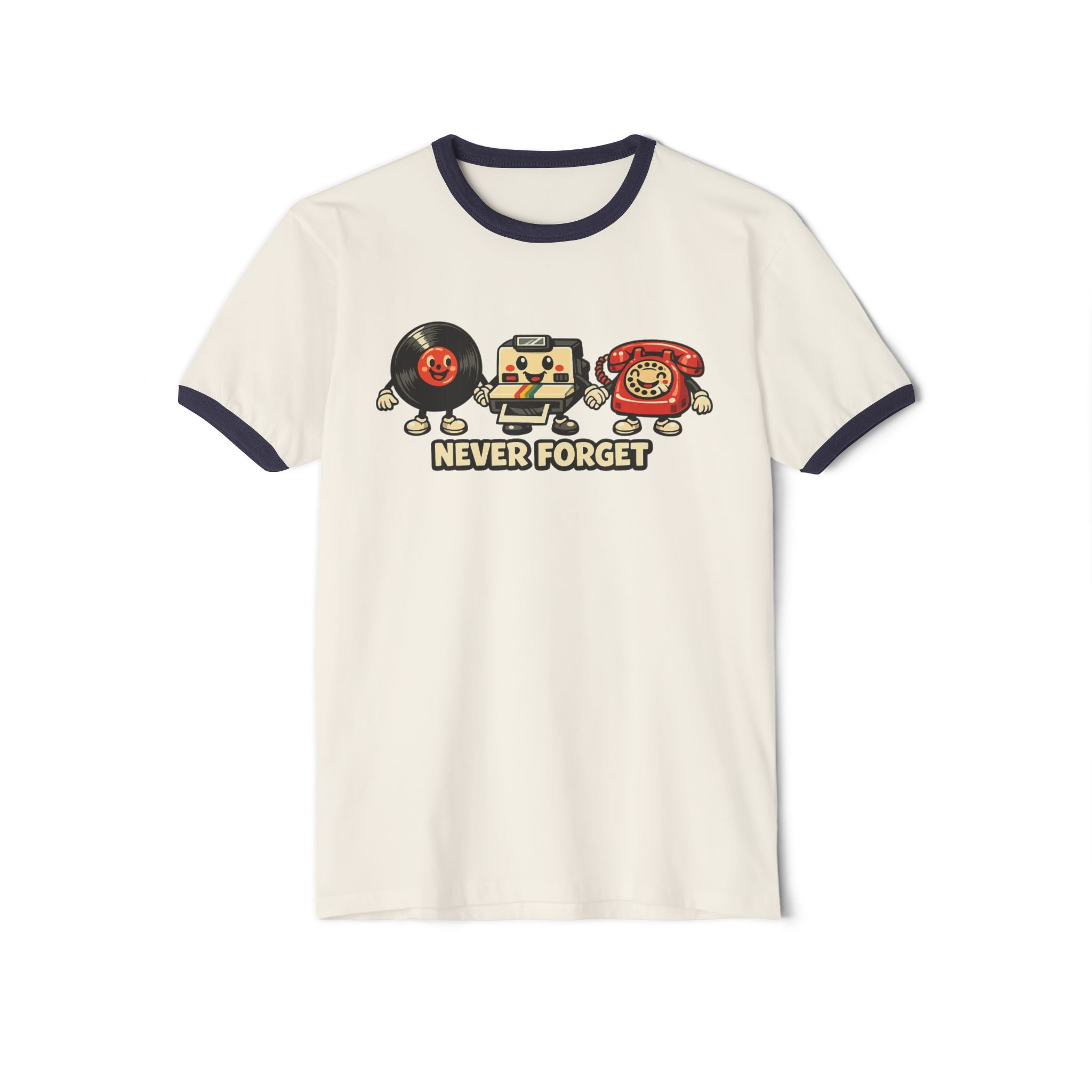 Retro Tech Ringer Tee — "Never Forget" Vinyl, Floppy Disk & Rotary Phone Graphic