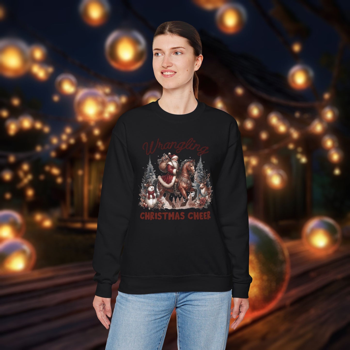 Christmas Western Sweatshirt with Santa on Horse and Snowman