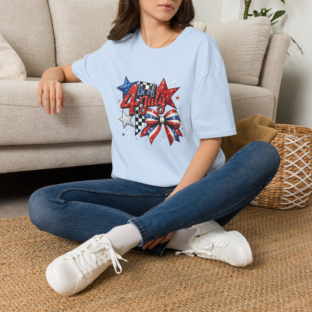 4th of July Patriotic T-Shirt – Red White Blue Stars & Bow Design