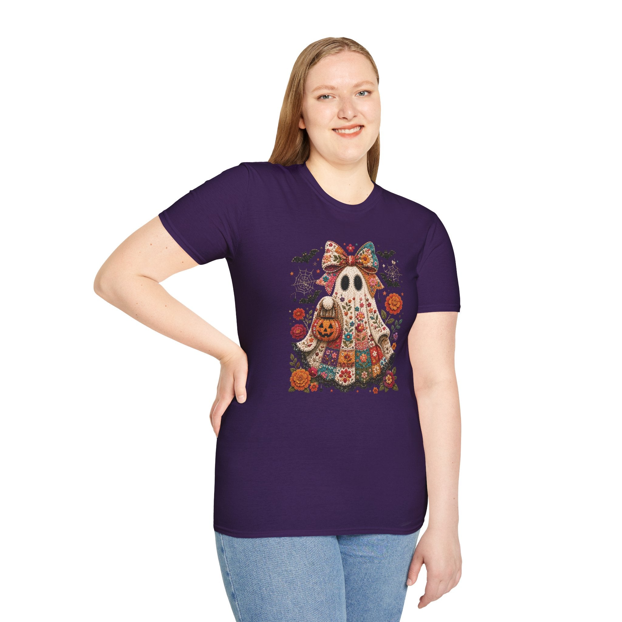 Patchwork Floral Ghost Halloween Shirt | Quilted Boho Ghost with Pumpkin and Bats