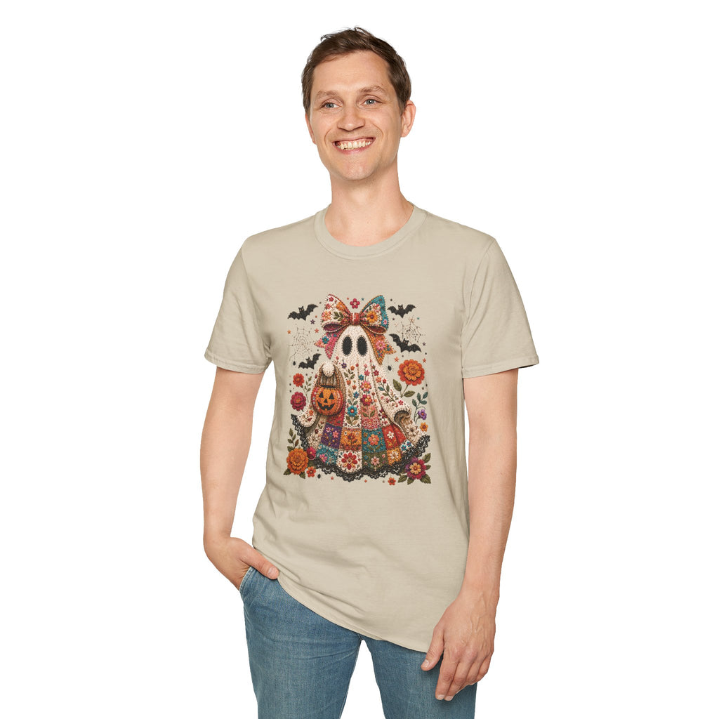Patchwork Floral Ghost Halloween Shirt | Quilted Boho Ghost with Pumpkin and Bats