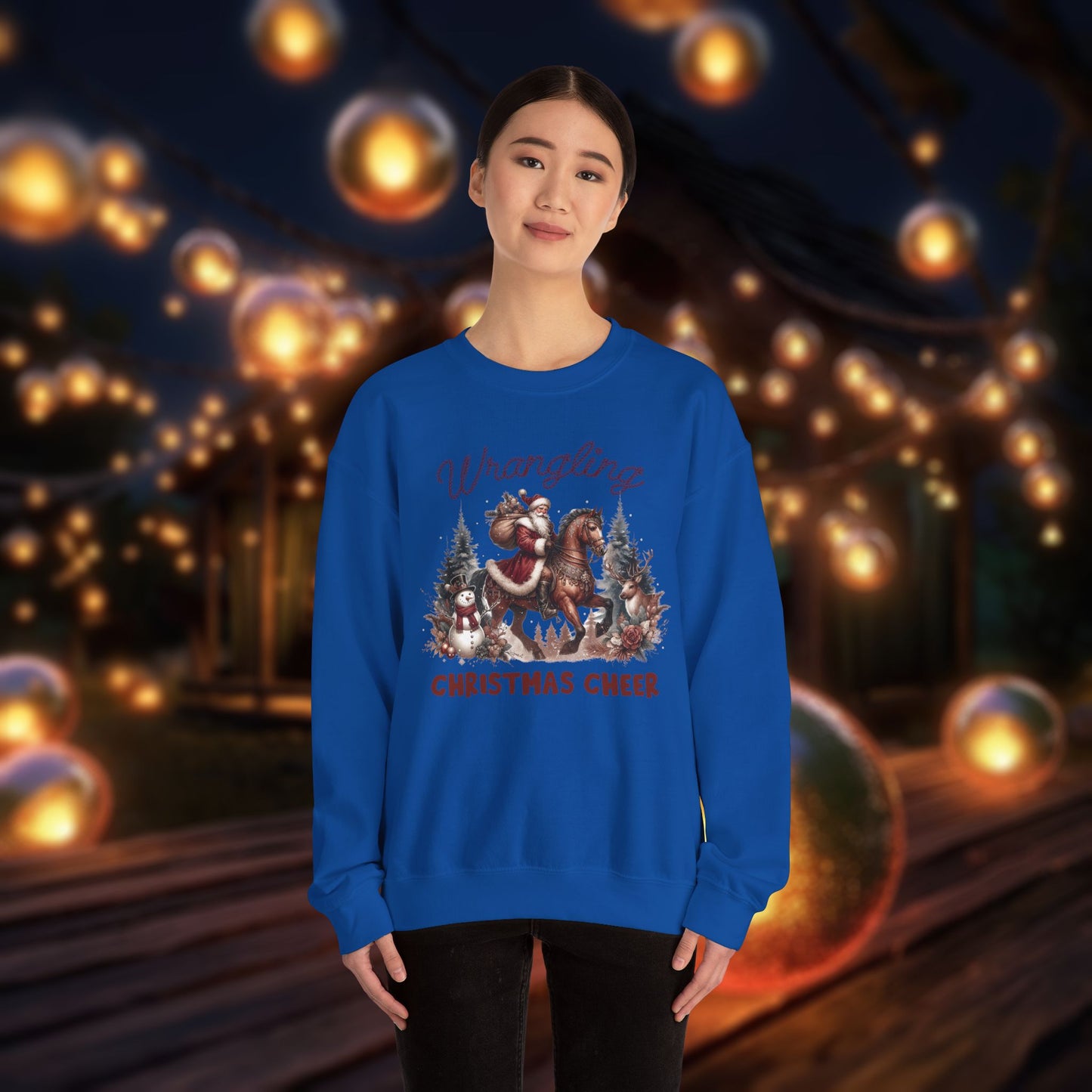 Christmas Western Sweatshirt with Santa on Horse and Snowman