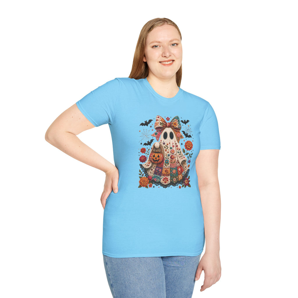 Patchwork Floral Ghost Halloween Shirt | Quilted Boho Ghost with Pumpkin and Bats