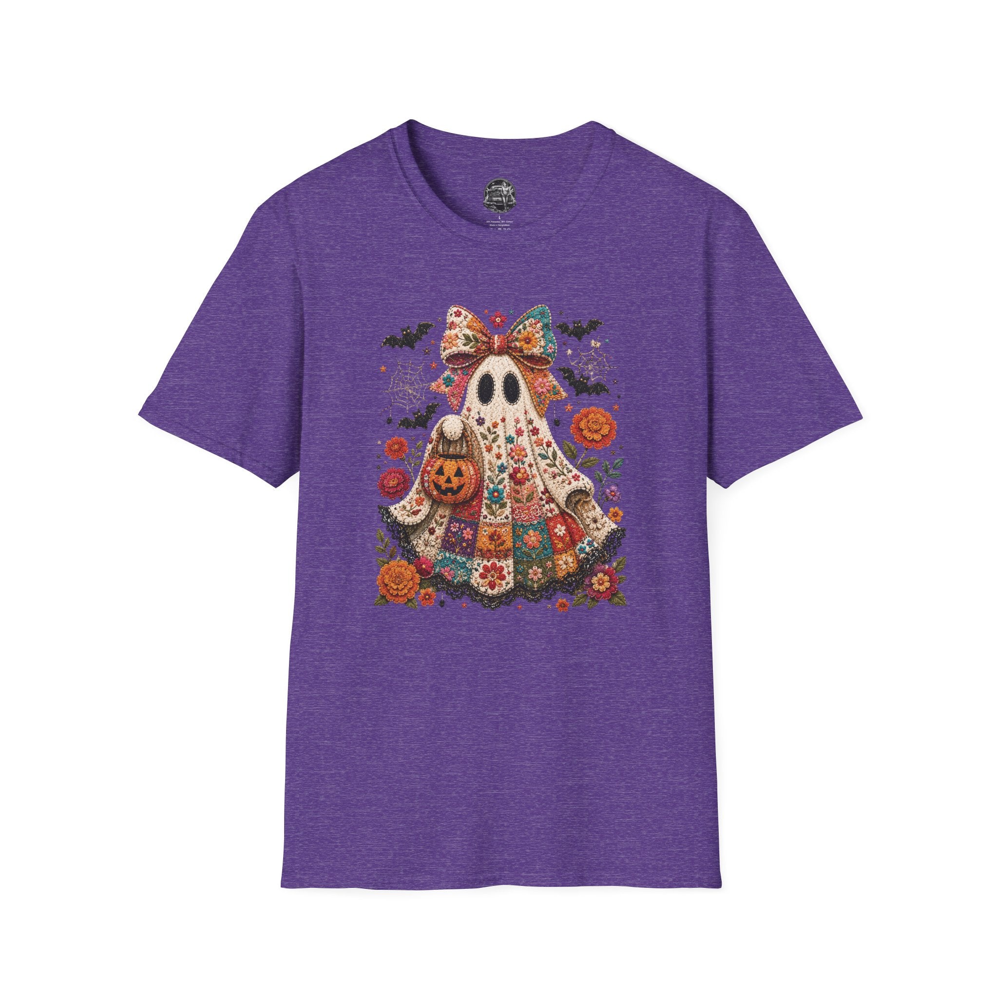 Patchwork Floral Ghost Halloween Shirt | Quilted Boho Ghost with Pumpkin and Bats