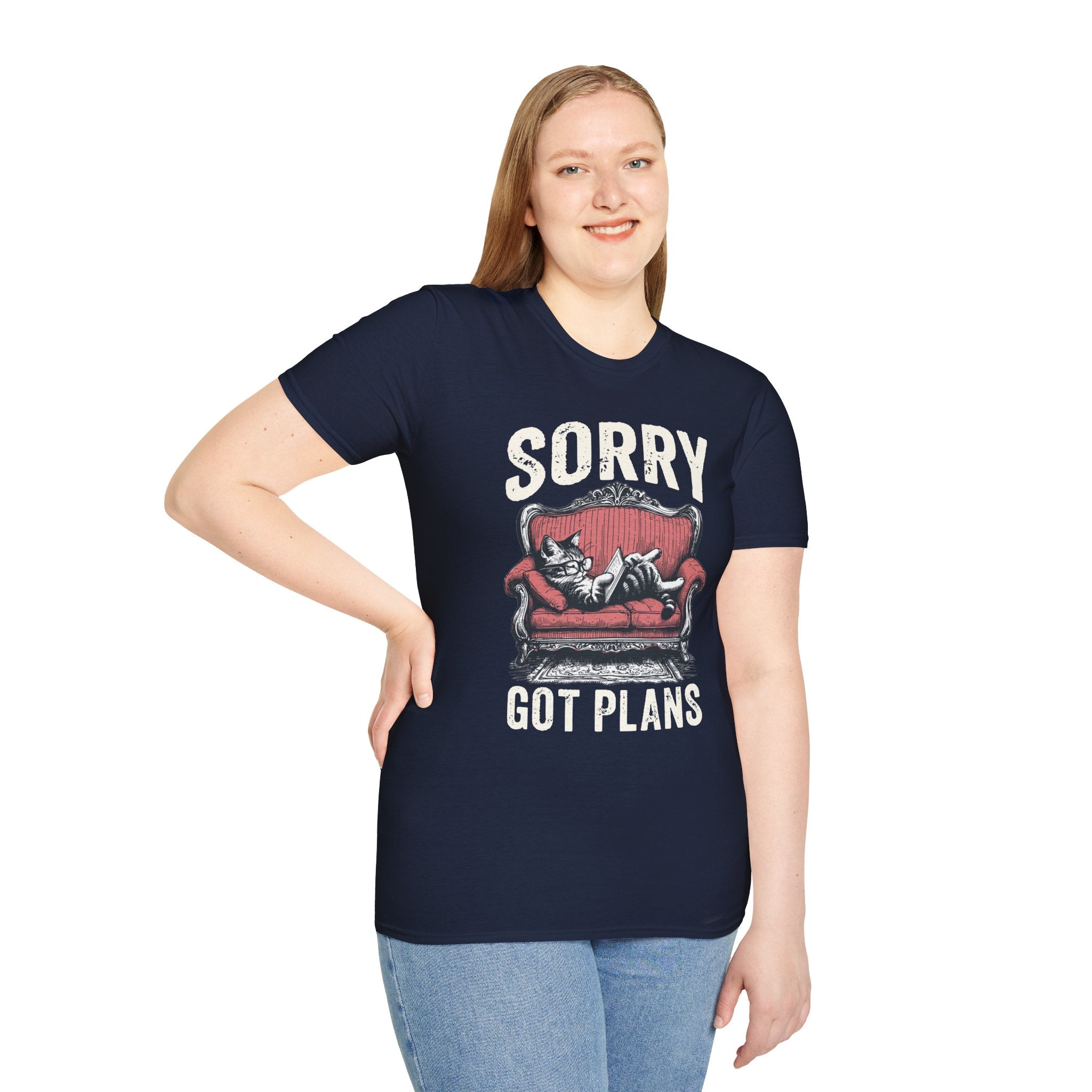 Sorry, Got Plans T‑Shirt — Cat on Couch Funny Lazy Day Tee