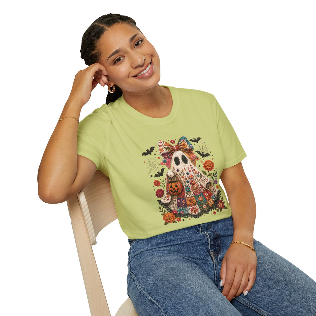 Patchwork Floral Ghost Halloween Shirt | Quilted Boho Ghost with Pumpkin and Bats
