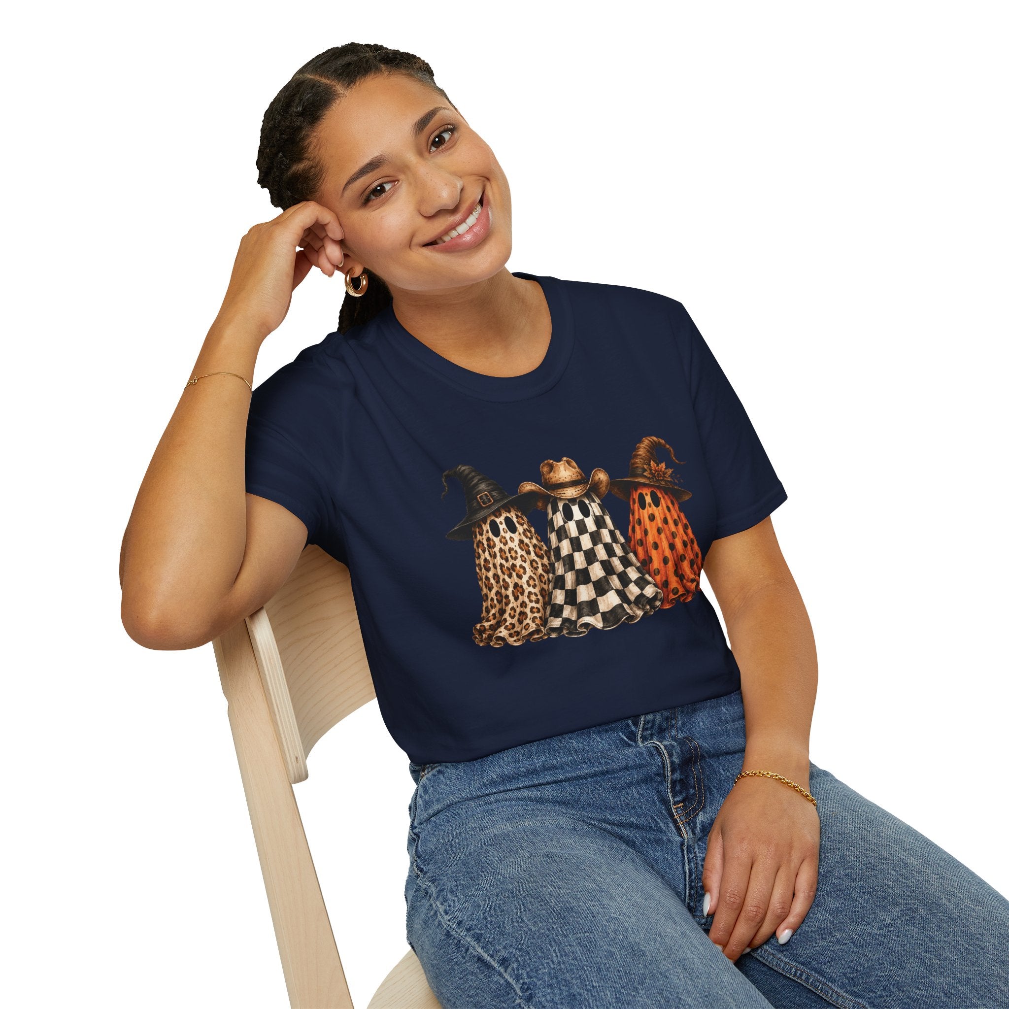 Halloween Ghost Trio T-Shirt — Leopard, Checker & Pumpkin Hat Design