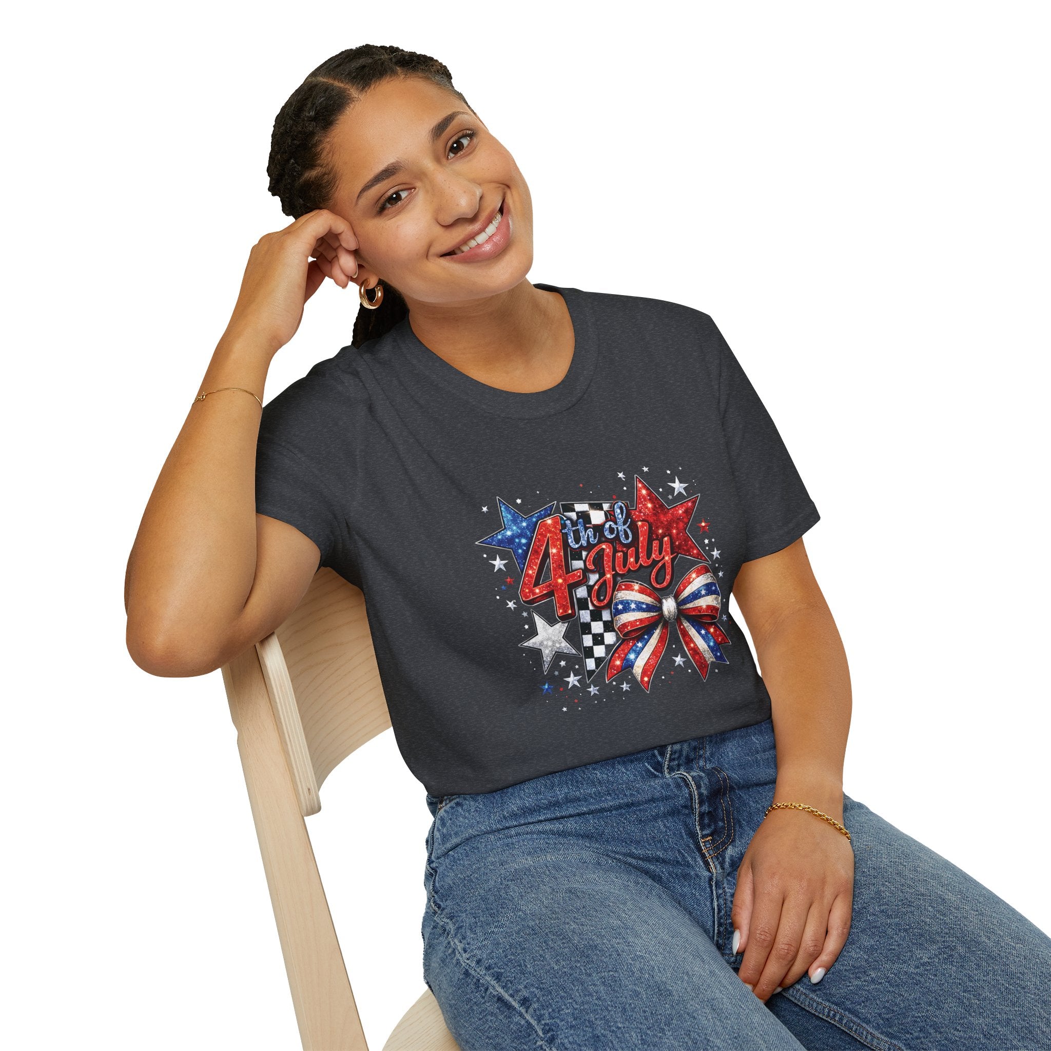 4th of July Patriotic T-Shirt – Red White Blue Stars & Bow Design