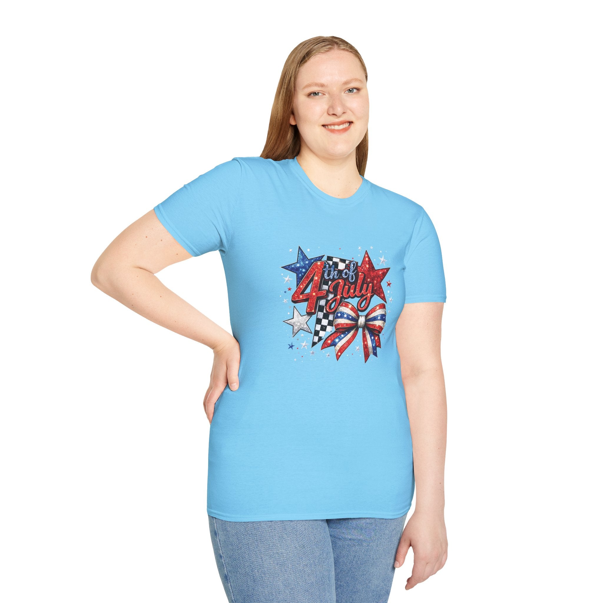 4th of July Patriotic T-Shirt – Red White Blue Stars & Bow Design