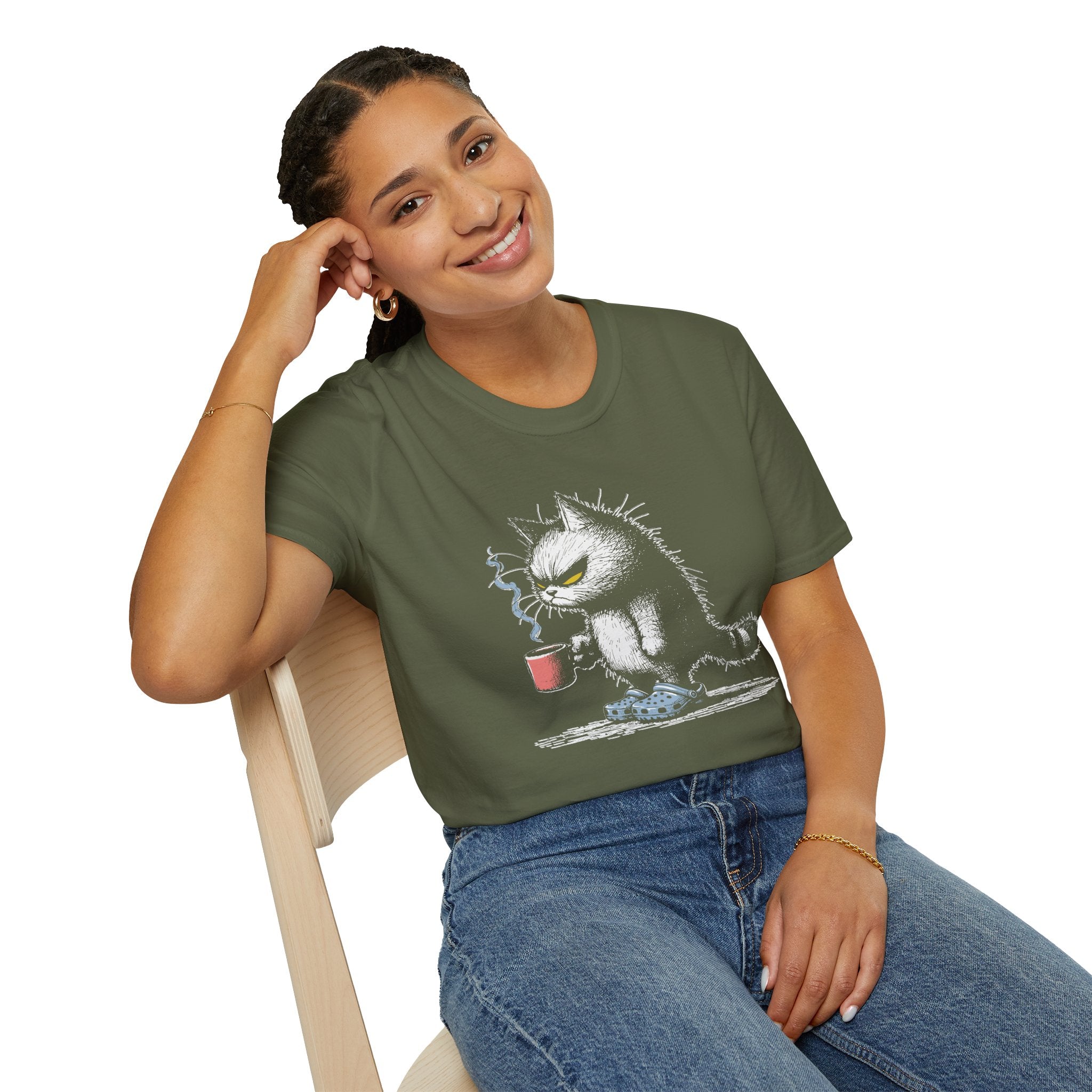 Grumpy Cat with Coffee T-Shirt — Moody Morning Cat Graphic Tee