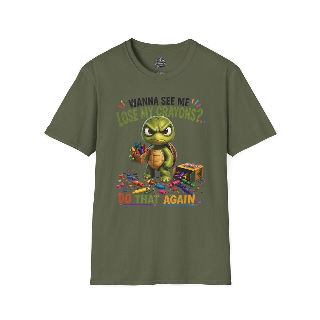 Funny Angry Turtle T-Shirt — “Wanna See Me Lose My Crayons? Do That Again…” — Teacher & Art Lover Tee