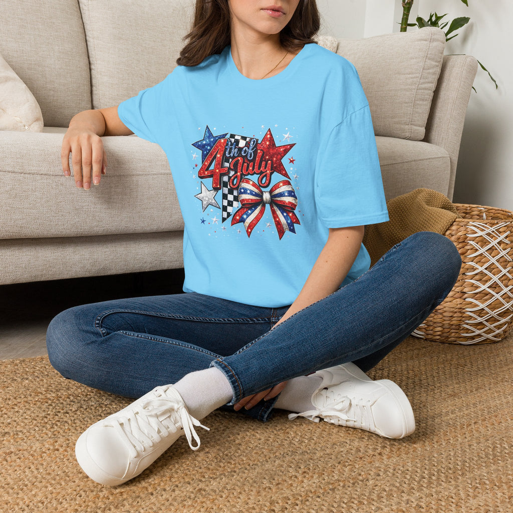 4th of July Patriotic T-Shirt – Red White Blue Stars & Bow Design