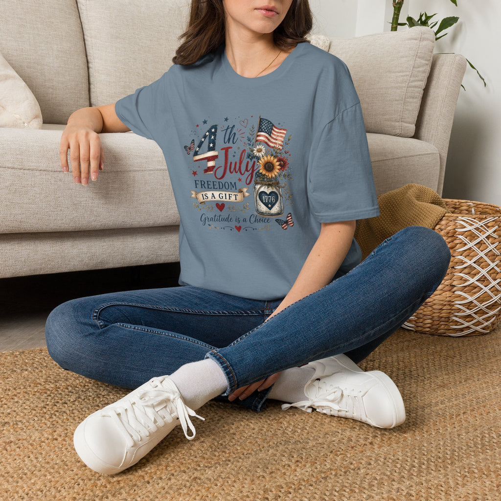 4th of July T-Shirt — "Freedom Is A Gift" Patriotic American Flag & Sunflower Tee