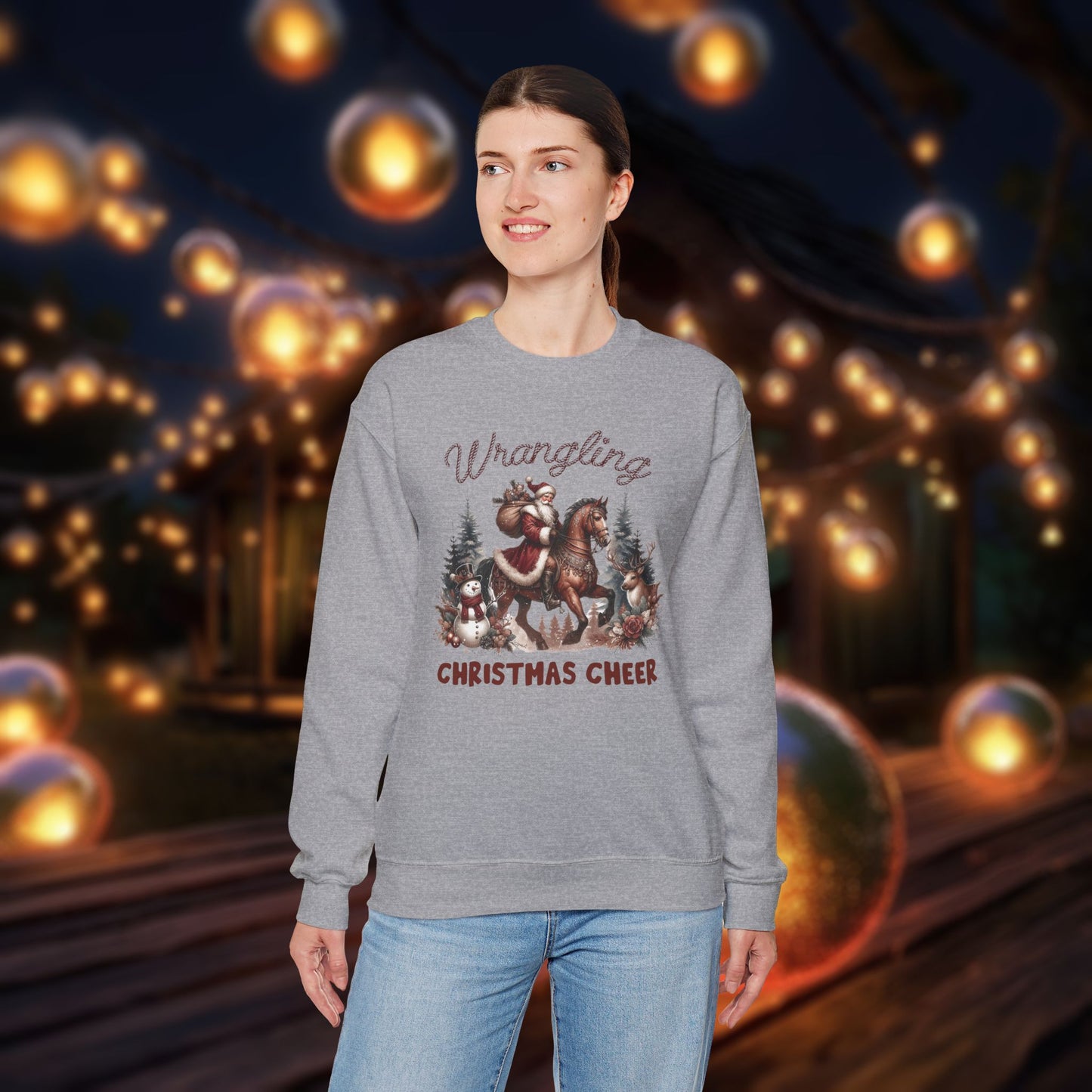 Christmas Western Sweatshirt with Santa on Horse and Snowman