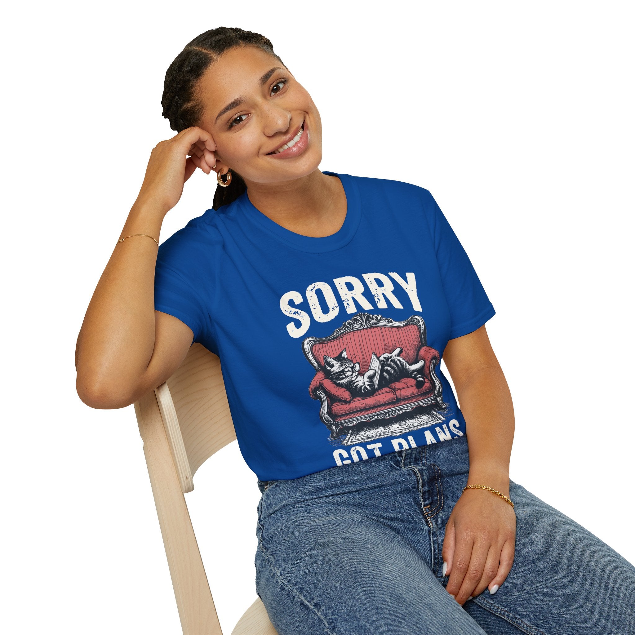 Sorry, Got Plans T‑Shirt — Cat on Couch Funny Lazy Day Tee