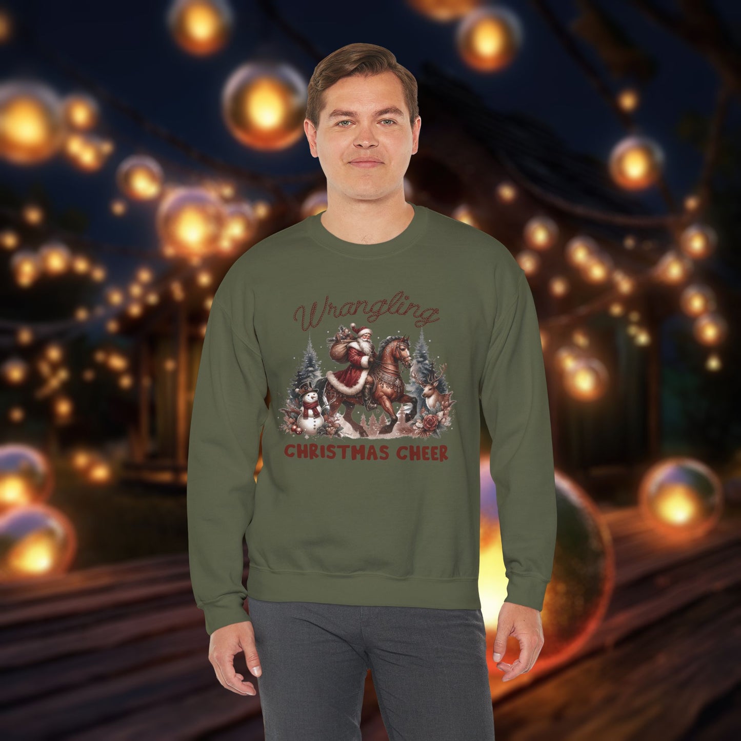 Christmas Western Sweatshirt with Santa on Horse and Snowman