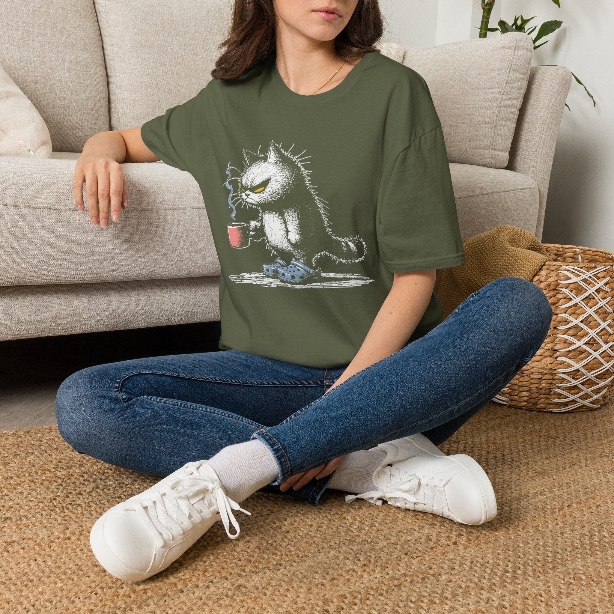 Grumpy Cat with Coffee T-Shirt — Moody Morning Cat Graphic Tee