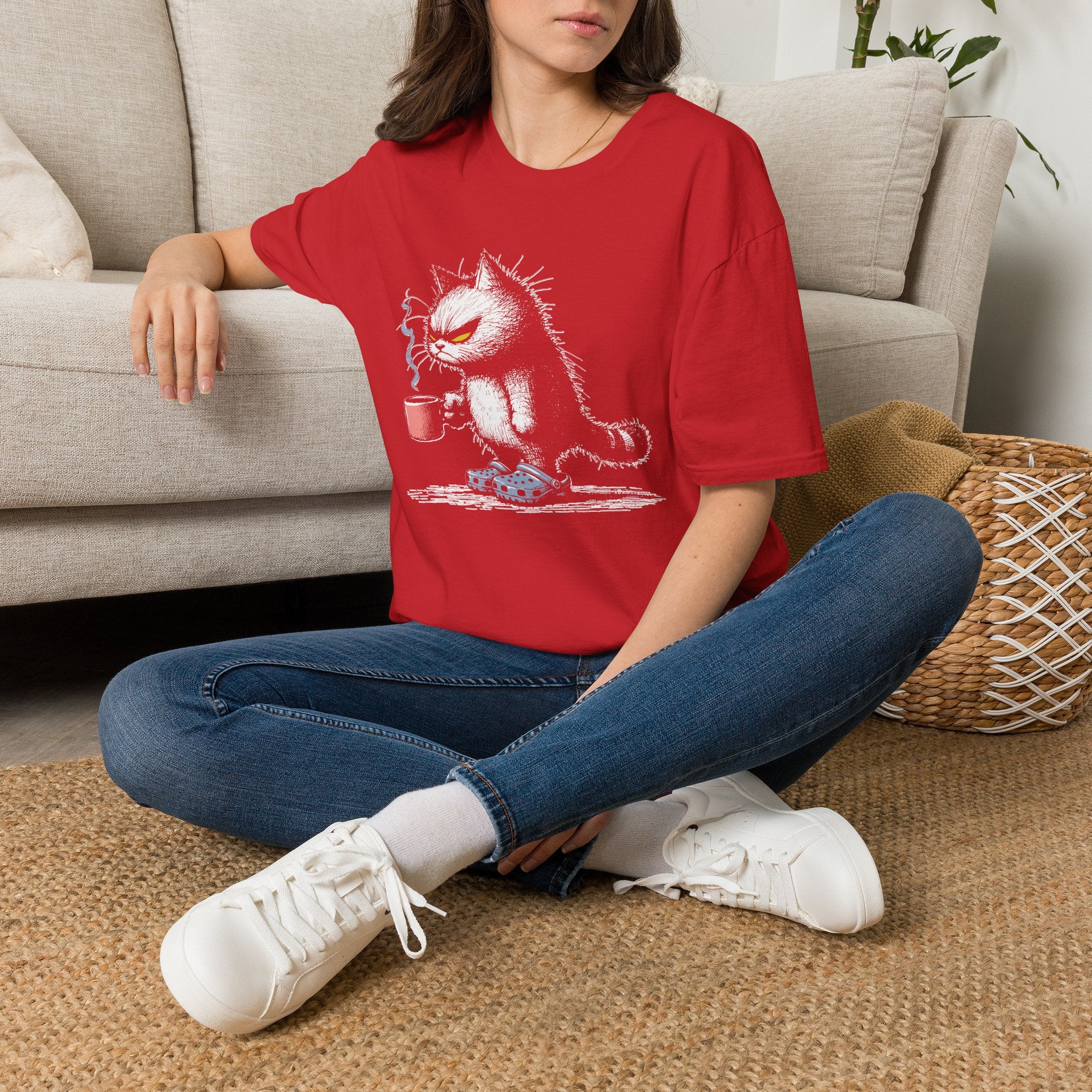 Grumpy Cat with Coffee T-Shirt — Moody Morning Cat Graphic Tee