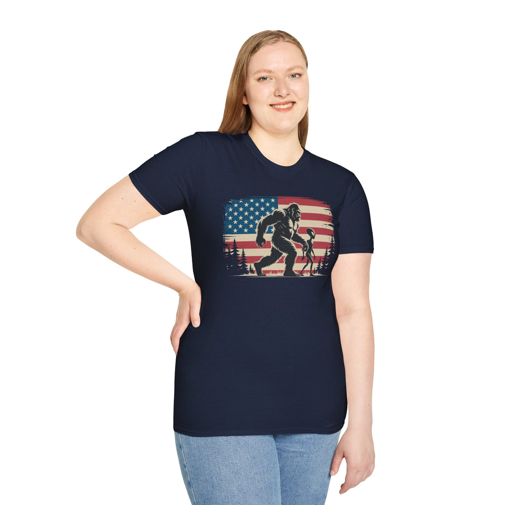 Bigfoot & Alien Patriotic T-Shirt — Distressed Flag Cryptid Design