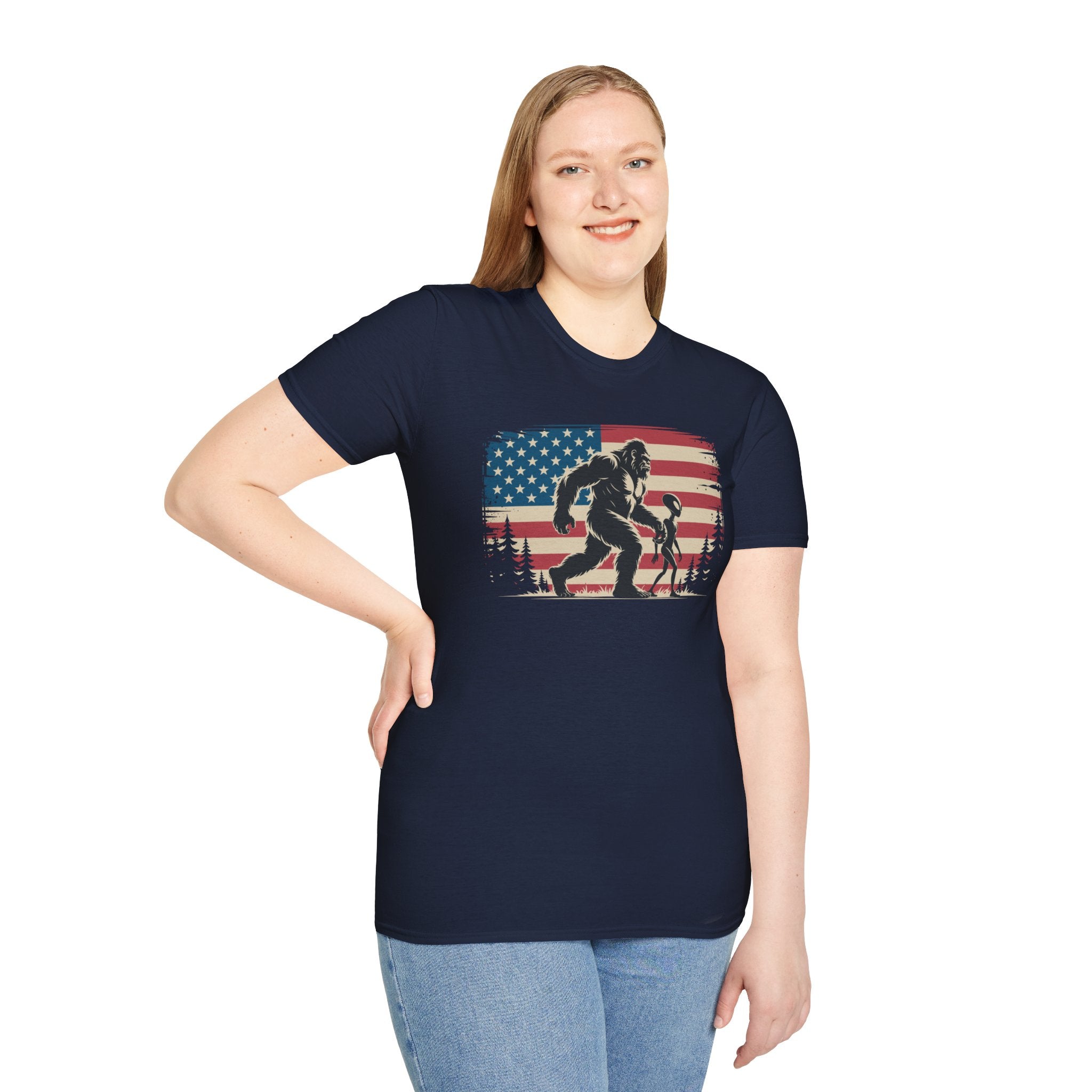 Bigfoot & Alien Patriotic T-Shirt — Distressed Flag Cryptid Design