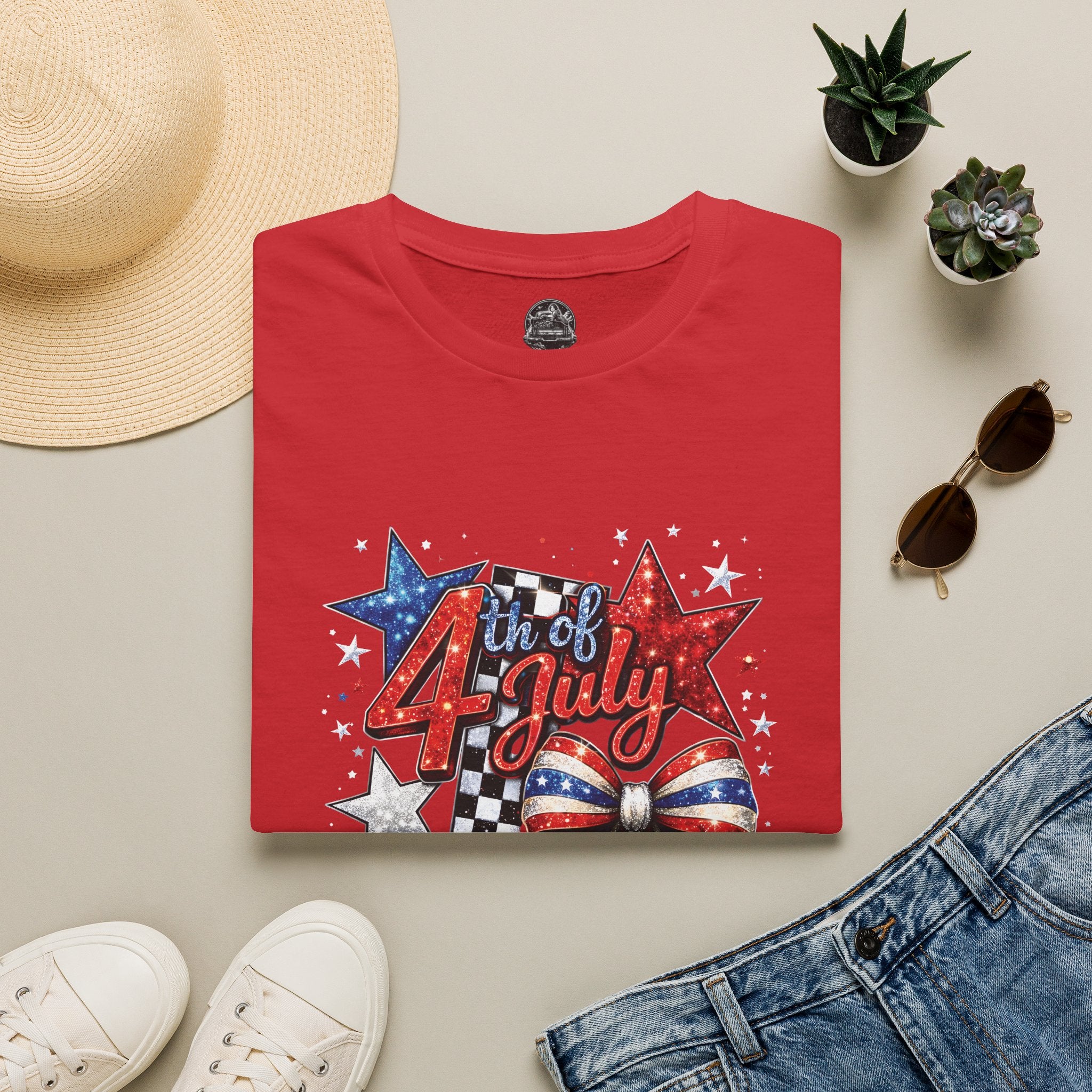 4th of July Patriotic T-Shirt – Red White Blue Stars & Bow Design