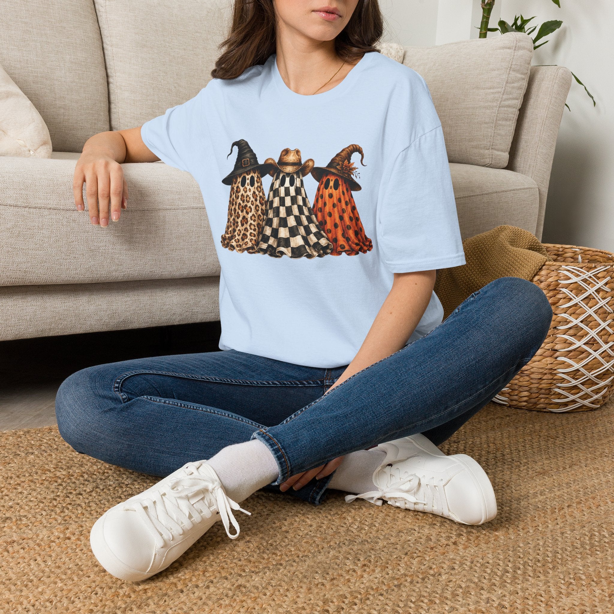 Halloween Ghost Trio T-Shirt — Leopard, Checker & Pumpkin Hat Design