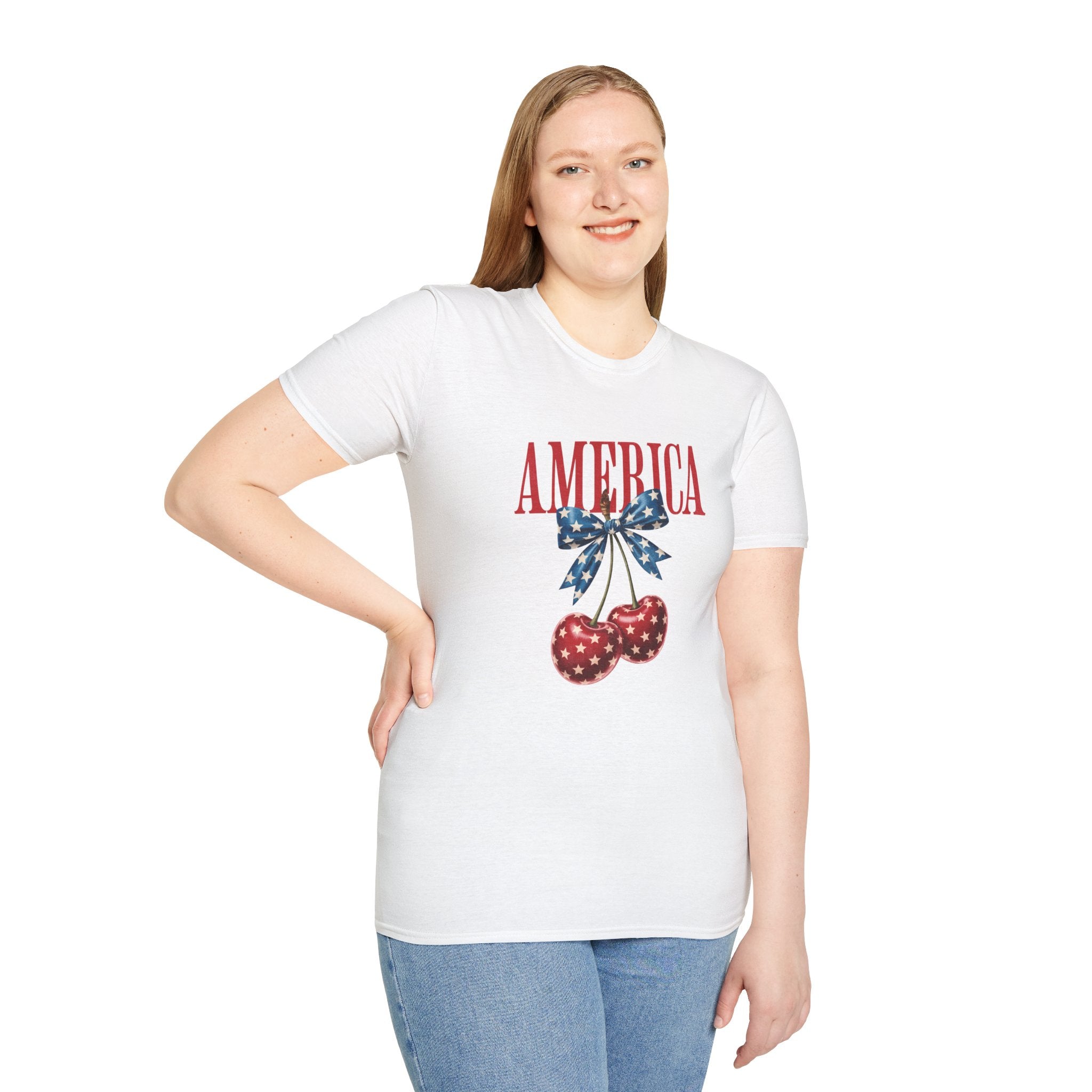 America Cherry Graphic T‑Shirt — Patriotic Stars & Stripes Bow Tee