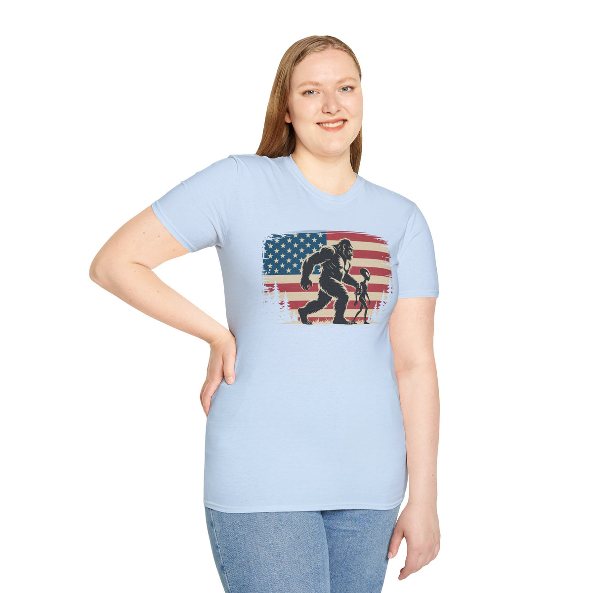 Bigfoot & Alien Patriotic T-Shirt — Distressed Flag Cryptid Design