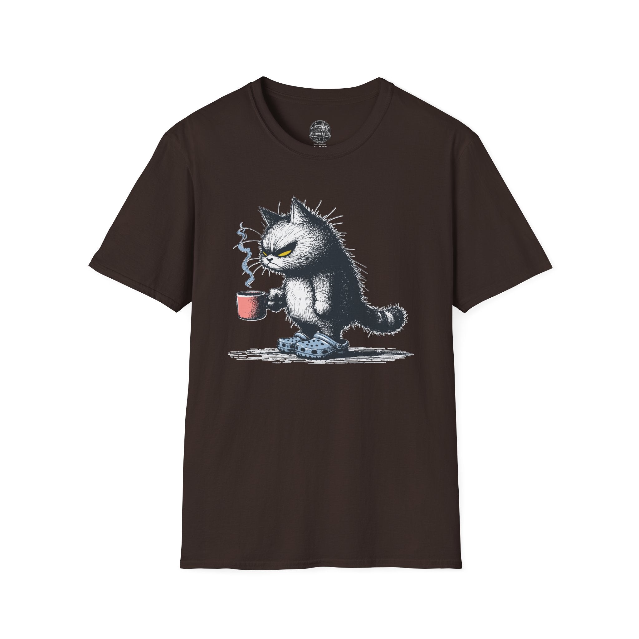 Cat Coffee T-Shirt — Grumpy Cat Holding Mug Illustration