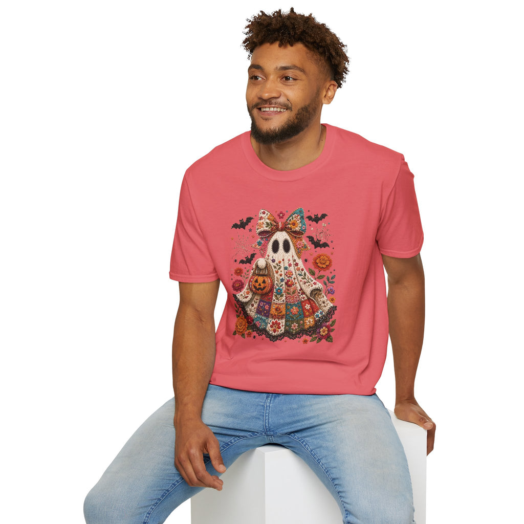 Patchwork Floral Ghost Halloween Shirt | Quilted Boho Ghost with Pumpkin and Bats