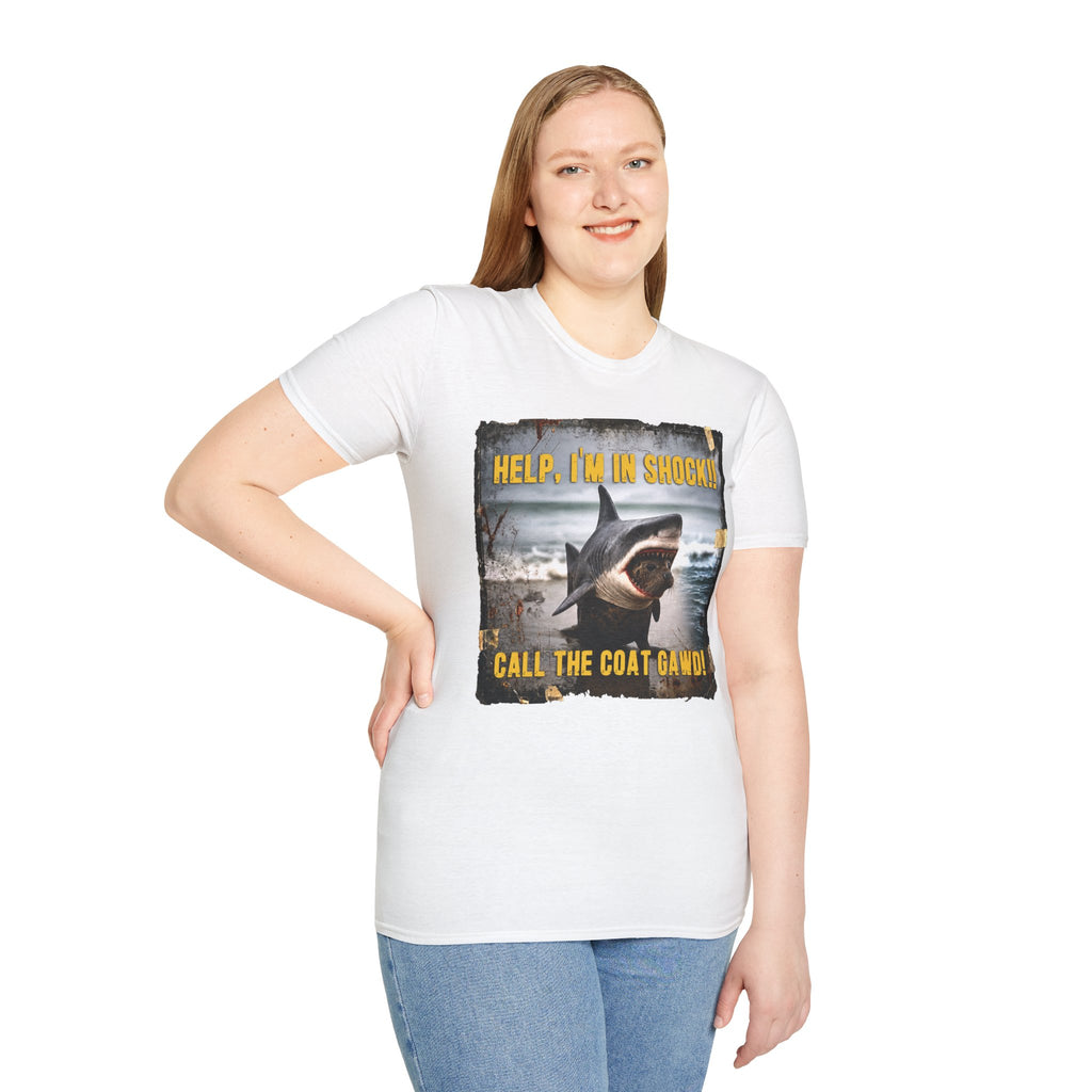 Shark Graphic T-Shirt — "Help, I'm in Shock!" Funny Beachwear