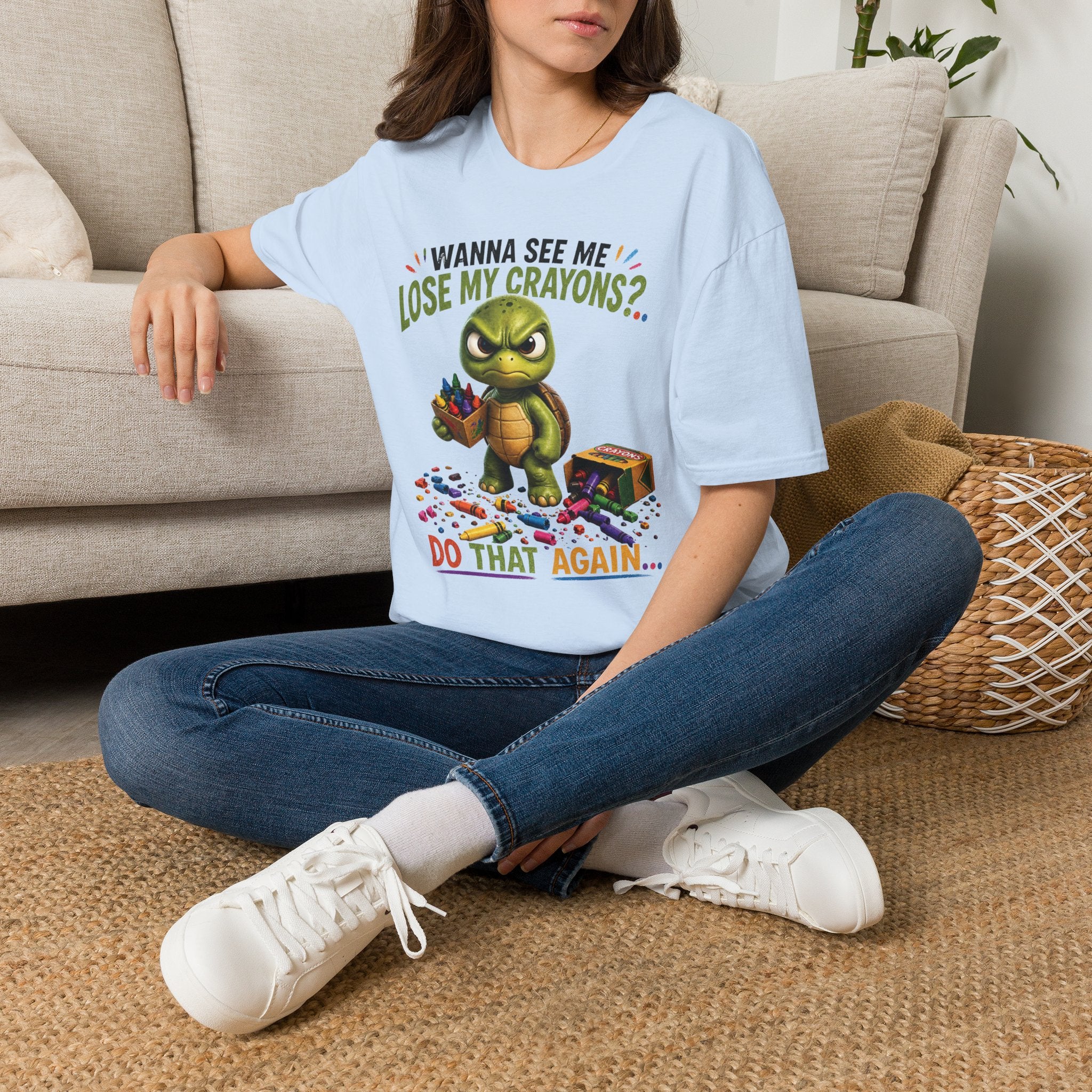 Funny Angry Turtle T-Shirt — “Wanna See Me Lose My Crayons? Do That Again…” — Teacher & Art Lover Tee